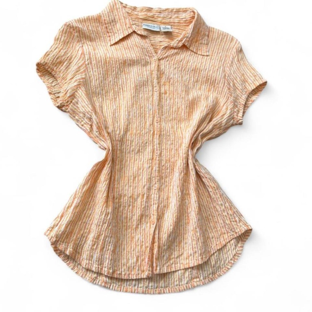 Y2K Fashion Bug Orange & White Striped Textured Button Up Top, Women's Size‎ S